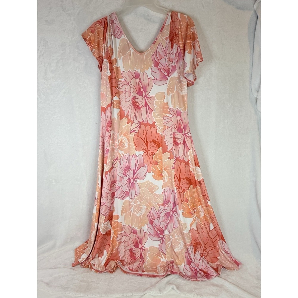 Clara Sun Woo Floral Swing Dress M Pink Orange Midi Stretch Knit NWT